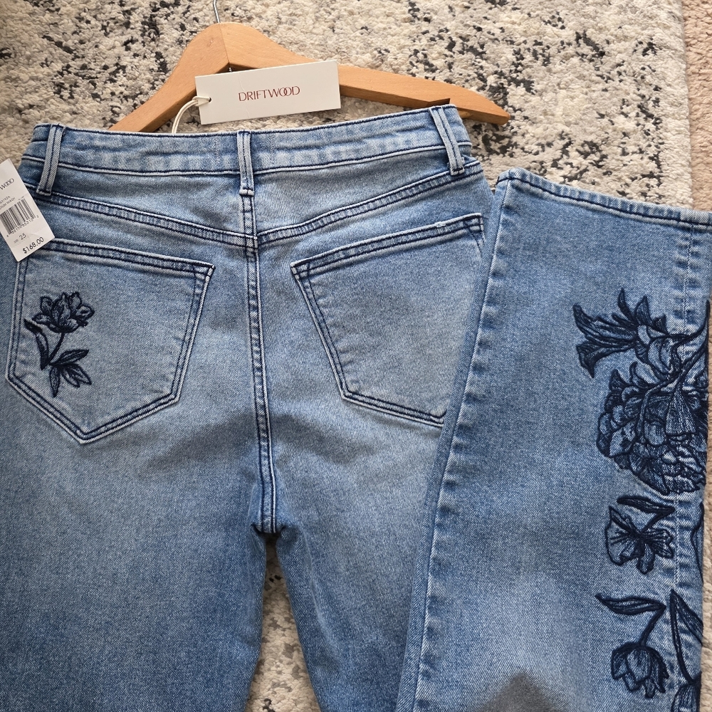 Driftwood Royce Straight Leg Ankle Denim Embroided Womens 25 Boho Western Chic